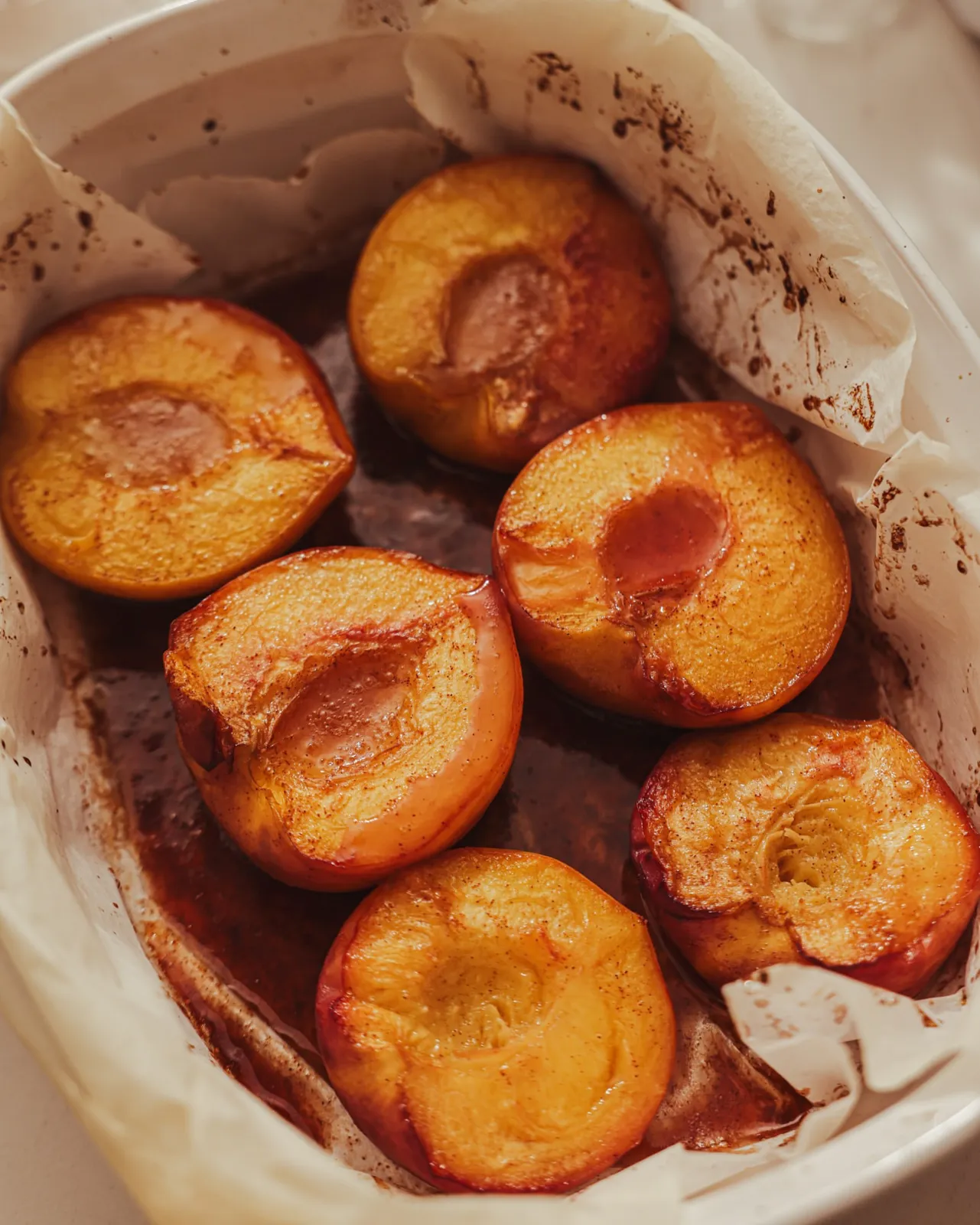 Roasted peaches in the pan with the whisky sauce